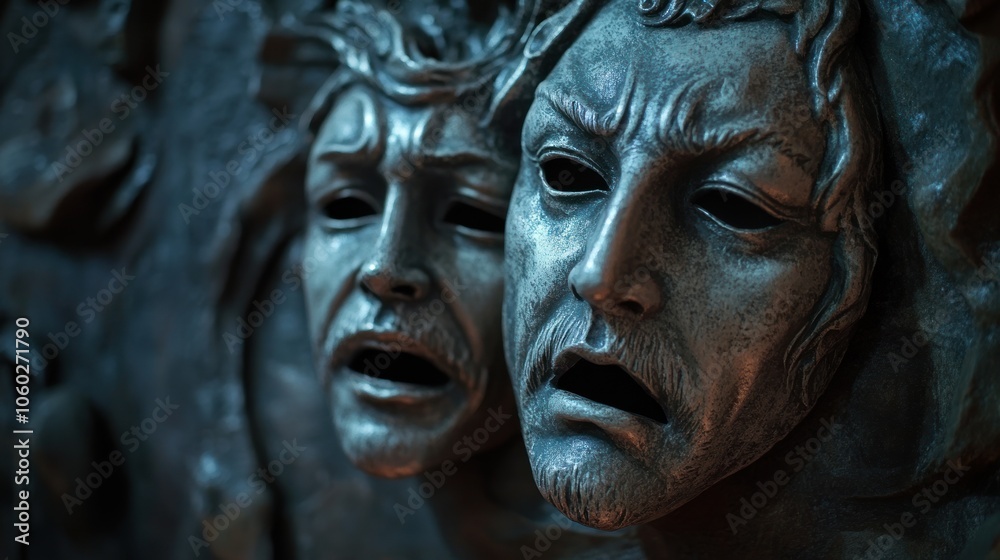 Two theatrical masks, one with an expression of sadness and the other with an expression of anger, are set against a dark, textured background.
