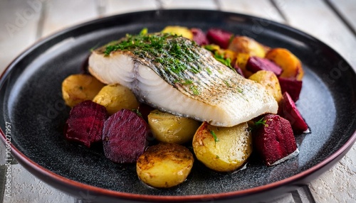 Skrei  Seasonal winter cod from Northern Norway, known for its firm meat. Served with potatoes, turnips and a light butter sauce. photo