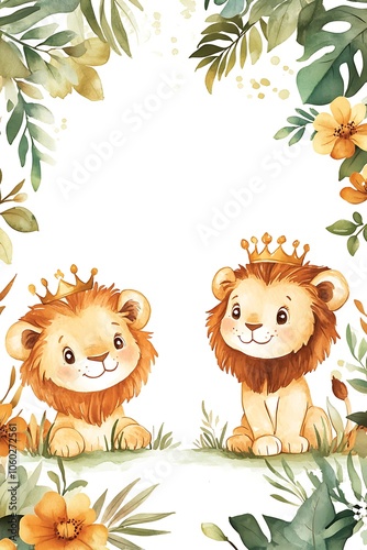 Adorable watercolor illustration of two cute lion cubs surrounded by nature's beauty and vibrant floral elements for children���s art and design pr