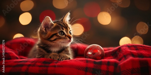 Tabby kitten resting on a warm, red plaid blanket, looking curiously at a sparkling ornament in front of it, festive bokeh lights in the background