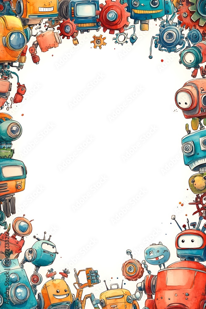 Obraz premium Creative robot-themed frame design for fun and imaginative projects perfect for children's art digital invitations or whimsical designs