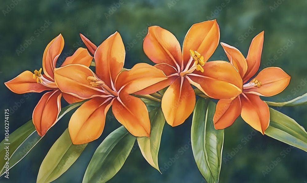 Obraz premium A vibrant illustration of orange flowers with green leaves against a blurred background.