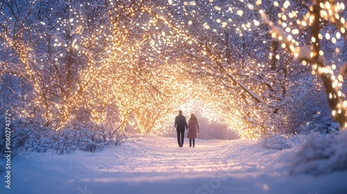 Romantic Winter Stroll: Couple Walking Hand in Hand Through Snowy Landscape Surrounded by Twinkling Lights in Serene Atmosphere