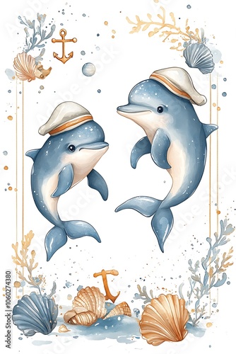 Whimsical dolphins in nautical attire playfully dance amidst seashells and anchors in a charming oceanic scene photo