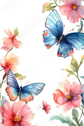 Vibrant watercolor butterflies and blossoms a captivating floral composition celebrating nature's beauty