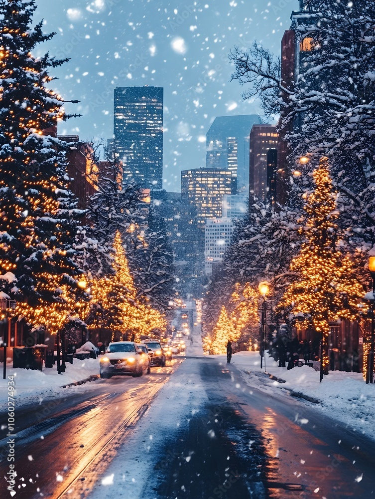 A snowy scene of a charming street blanketed in soft white snow, illuminated by street lamps and gently falling flakes A snowy scene of a charming street blanketed in soft white snow, illuminated by street lamps and gently falling flakes