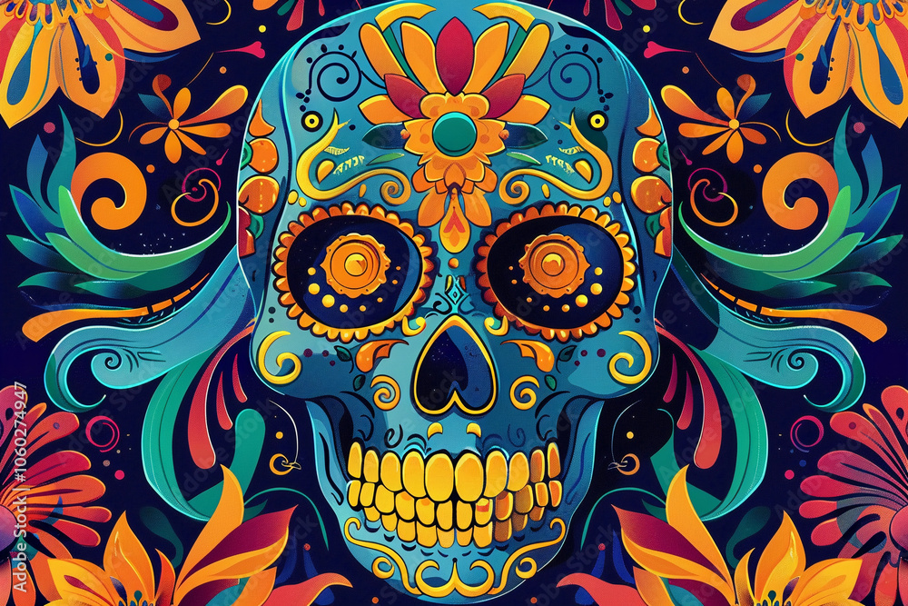 Fototapeta premium Beautiful greeting card with bright holiday composition for happy to joy celebrate dia de muertos