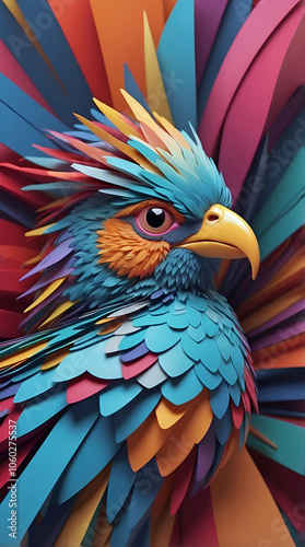 Vibrant Closeup of Exotic Bird with Layered Feathers in Bold Colors Featuring Abstract Art Style with Dynamic Contrast and Eye-Catching Details
