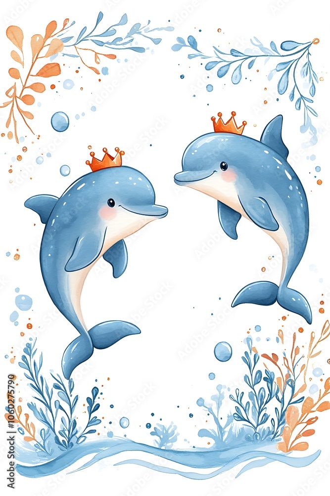 Fototapeta premium Whimsical illustration of adorable dolphins with crowns surrounded by colorful underwater flora and bubbles
