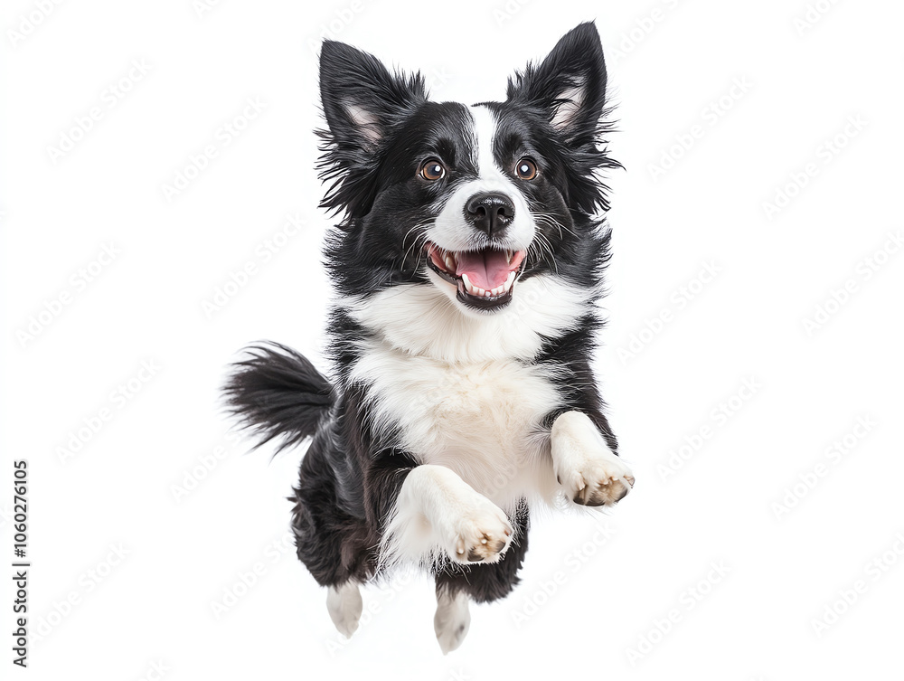 Obraz premium Happy black and white dog jumping in air, showcasing its playful spirit and energy. This lively canine exudes joy and enthusiasm in bright, white background