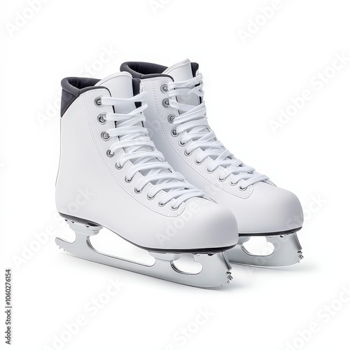 A pair of white ice skates designed for figure skating or recreational use on ice.