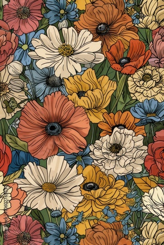 A colorful floral pattern with vintage style. Ideal for wallpaper, textiles, garden decor, and various craft projects.