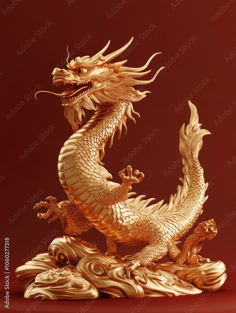 Fototapeta premium Chinese dragon figurine in gold, with intricate details. Serpentine and fierce design on red background.