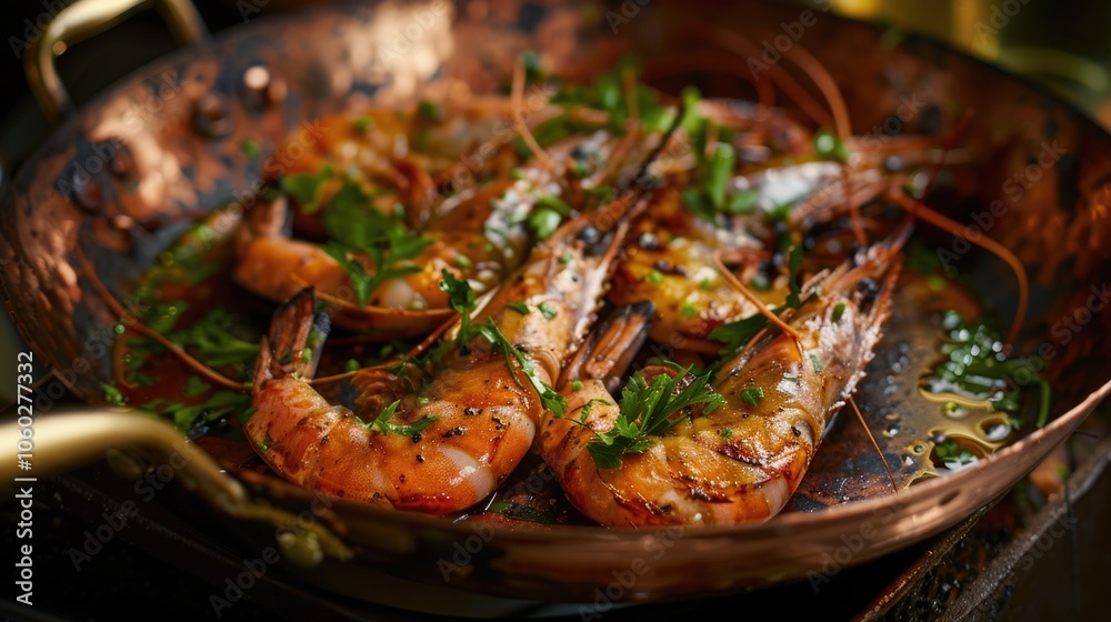 Shrimp stir fry with herbs and garlic, served in a skillet. Shrimp stir fry with herbs and garlic, served in a skillet.