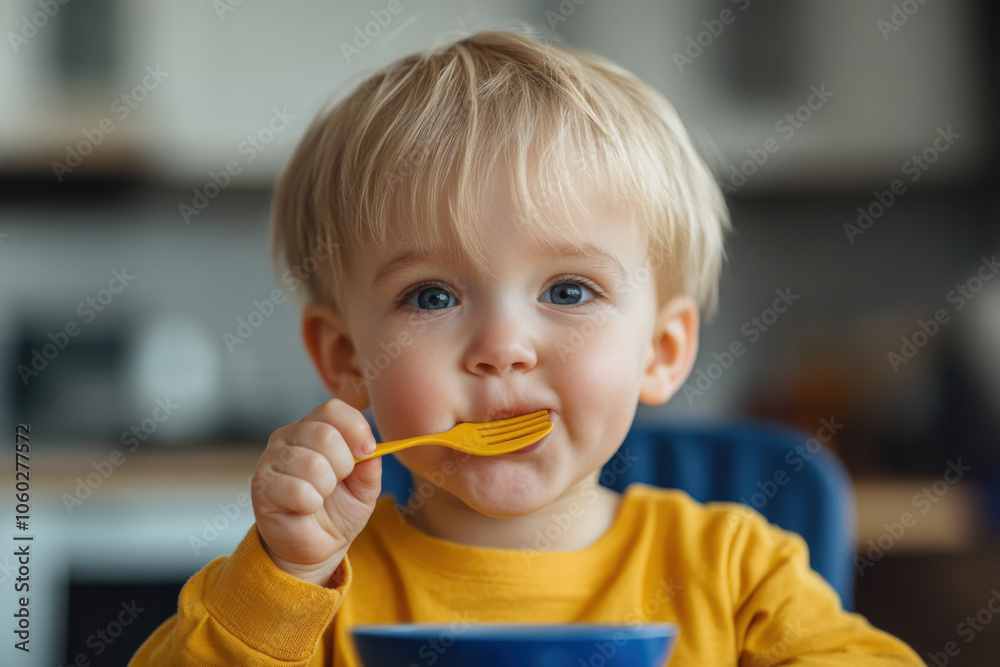 A small child with white hair, a European, eats healthy food on his own. Holds a fork in his hands and eats at the table in the kitchen A small child with white hair, a European, eats healthy food on his own. Holds a fork in his hands and eats at the table in the kitchen