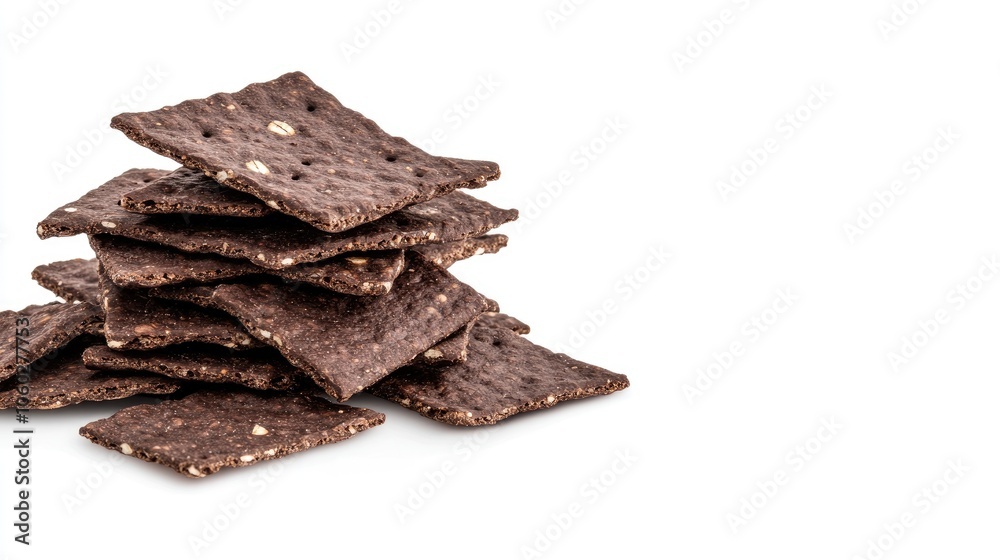 A generous pile of crisp, flat buckwheat cereal crackers stacked artfully on a white background for a minimalist presentation A generous pile of crisp, flat buckwheat cereal crackers stacked artfully on a white background for a minimalist presentation