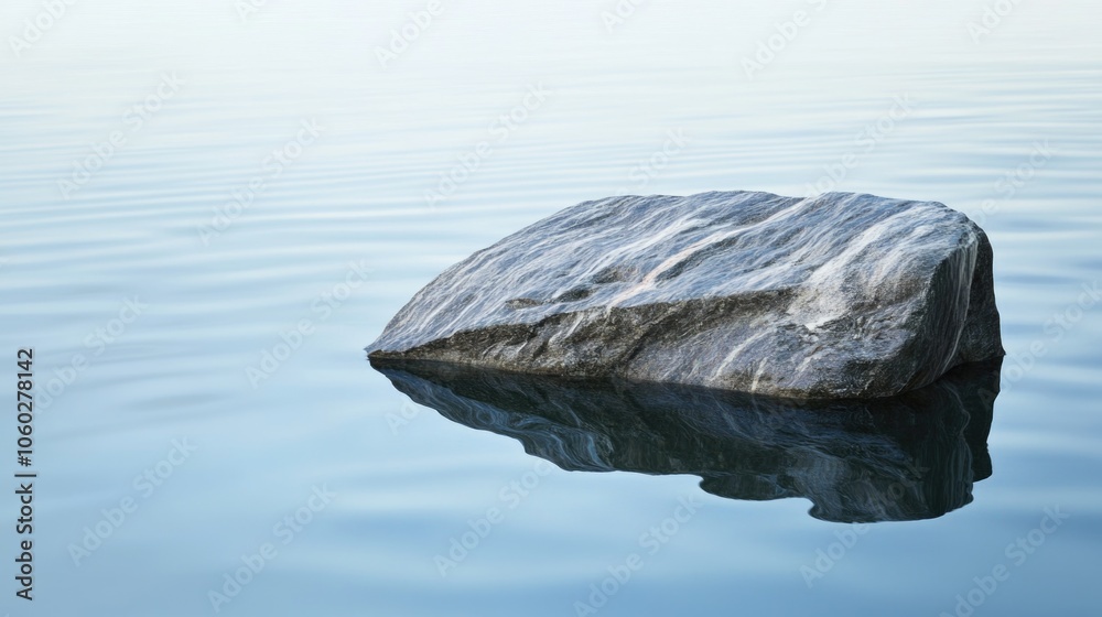 A solitary rock in calm water, reflecting its surface and creating a tranquil scene. A solitary rock in calm water, reflecting its surface and creating a tranquil scene.