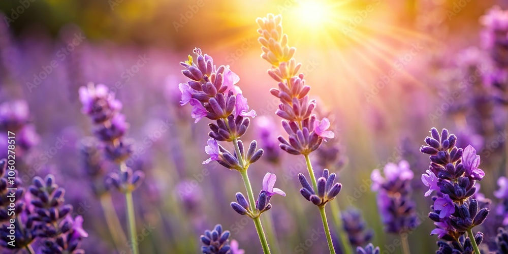 Obraz premium Lavender petals gently unfolding as morning sunlight touches the flower head, flowers, delicate