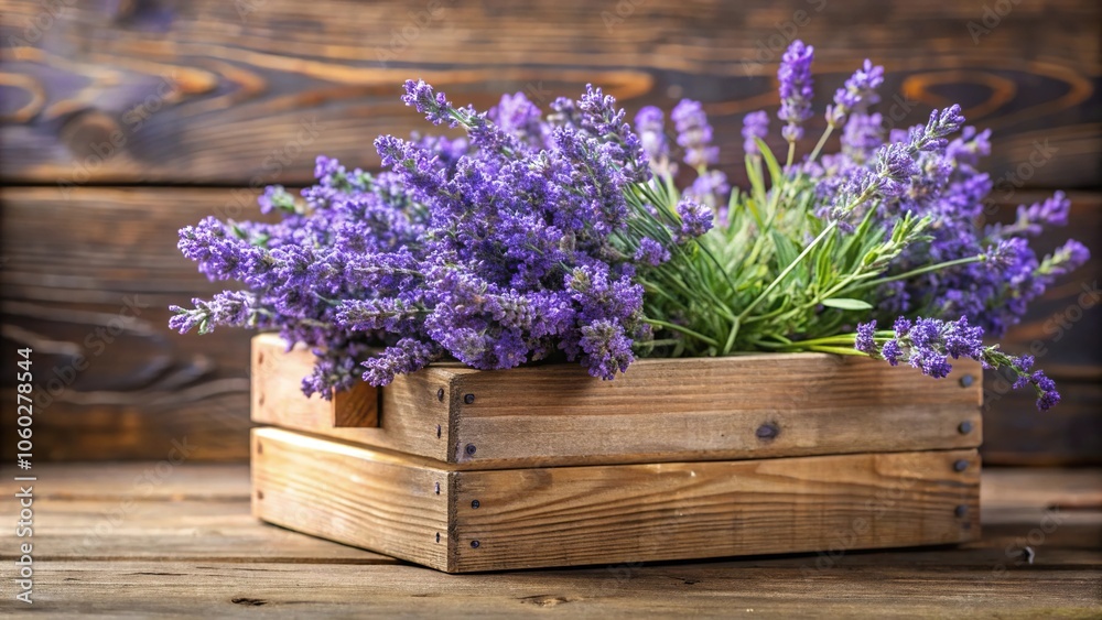 Fototapeta premium Lavender sprigs with delicate flowers and foliage dripping from a wooden container, foliage, greenery