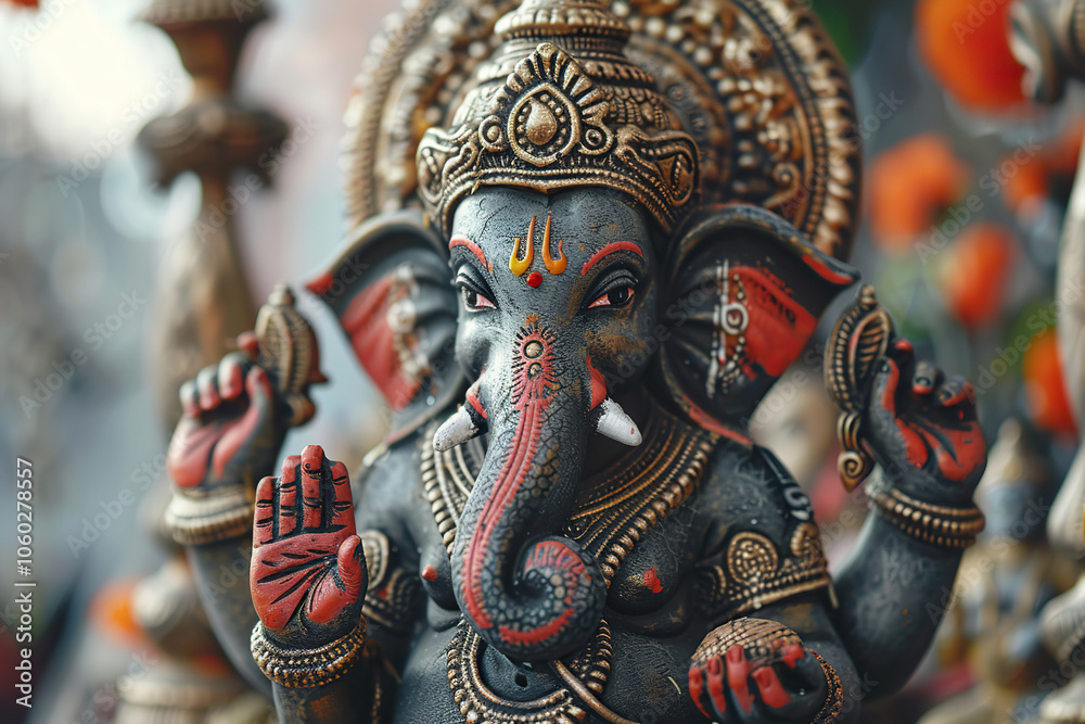 Fototapeta premium Beautiful greeting card with bright holiday composition for happy celebrate Ganesh Chaturthi