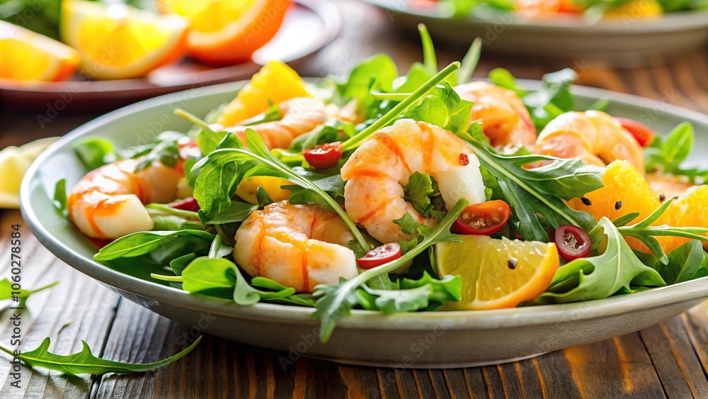 Light tasty salad with shrimp, arugula, green, orange Light tasty salad with shrimp, arugula, green, orange