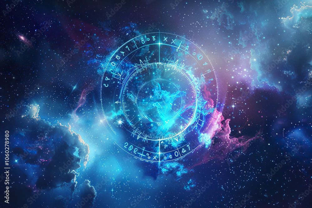 Obraz premium Astrological composition with zodiac circle in signs and symbols