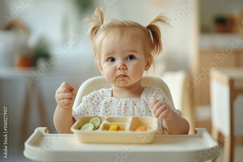 Baby girl eating finger food and mix vegetable plate. Baby led weaning self feeding. mixed race infant biting carrot on high chair at home. Cute little child with solid nutrition. photo