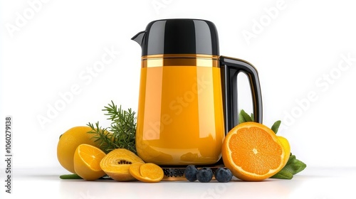 Freshly Squeezed Orange Juice in Glass Pitcher with Citrus Fruits and Rosemary