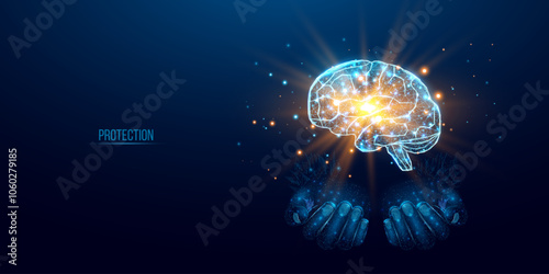 Two human hands are holds human brain. Support healthy brain concept. Wireframe glowing low poly design on dark blue background. Abstract futuristic vector illustration.