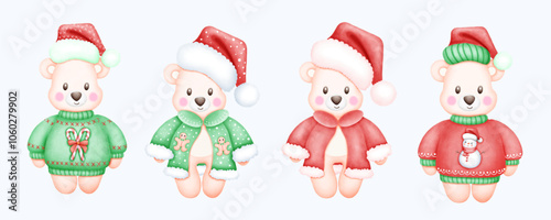 Cute Watercolor Christmas Bear Illustration. Adorable Holiday Bear Art for Festive Decor. Hand Drawn Christmas Animal with Holiday Cheer.