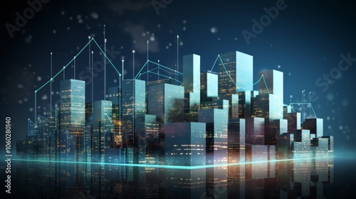 Abstract representation of real estate market analysis with buildings and financial graphs on blue