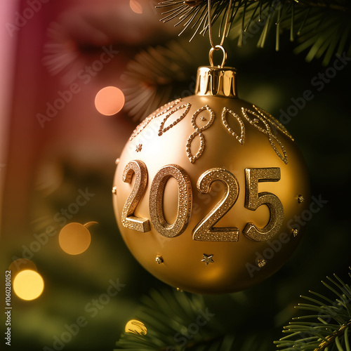 Gold inscription 2025 with diamonds and rhinestones on a beautiful New Year's yellow ball on a branch of a green Christmas tree, close-up, festive square illustration