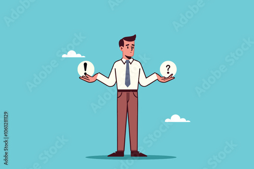 a businessman standing with a question mark and a warning sign in both hands