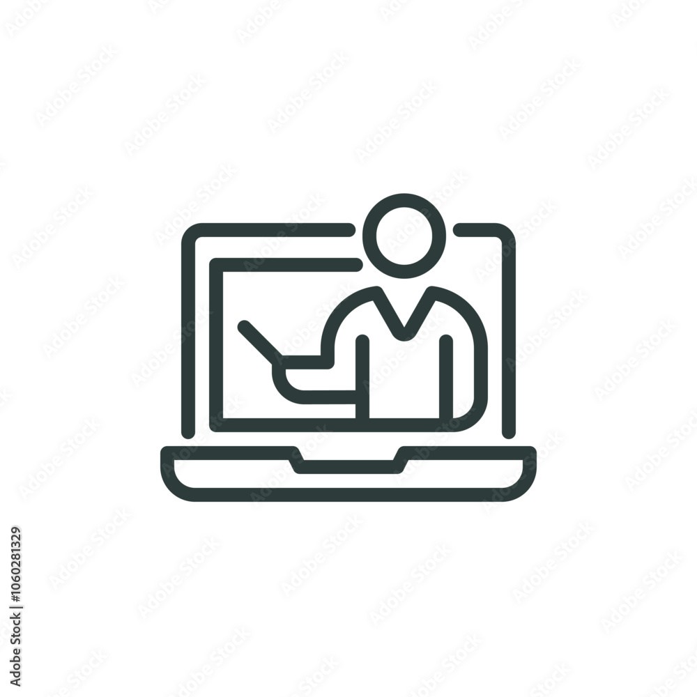 Online group workshop, web webinar, video training meeting, speaker outline icon. Line sign laptop with web conference. Vector isolated pictogram for web and app on white background editable stroke.