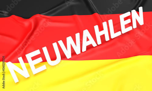 Das Wort Neuwahlen über einer Flagge Deutschlands. Neuwahlen sind Wahlen ausserhalb der üblichen Abstände. photo