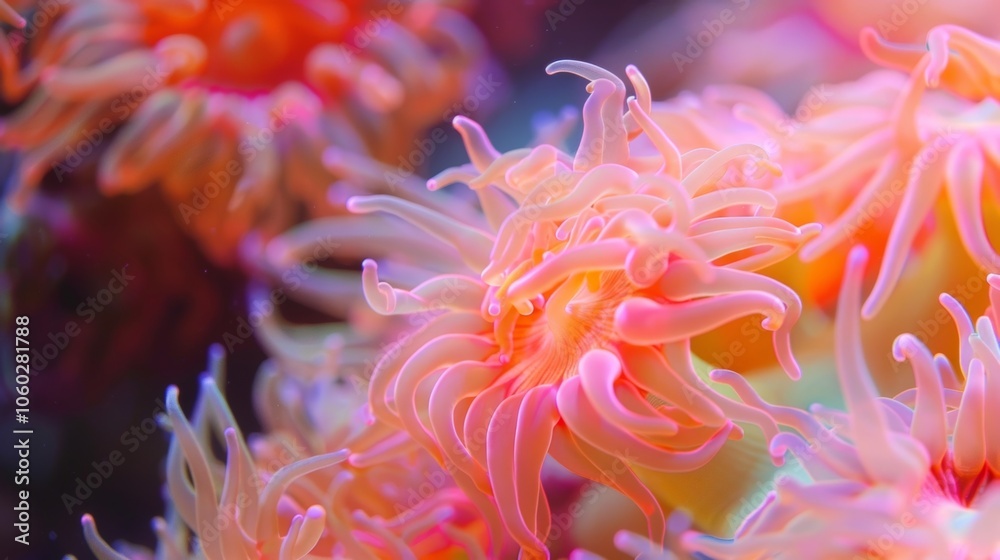 A of vibrant anemones their delicate tentacles swaying in the currents of their tank. A of vibrant anemones their delicate tentacles swaying in the currents of their tank.
