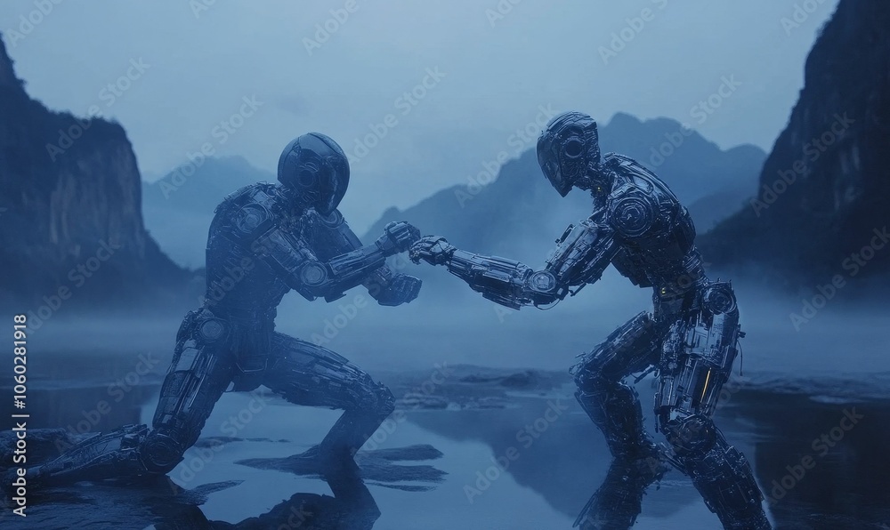 Fototapeta premium Two robots clash in a misty landscape.