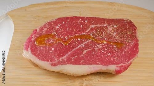 Preparing fresh beef meat with spices and olive oil.