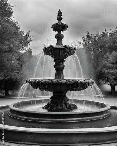 fountain with water flowing, mountain background, scenic landscape, serene water feature, natural oasis, outdoor tranquility, peaceful retreat, lush greenery, water in motion, picturesque view, mounta photo