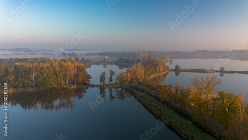 Milickie Ponds at sunrise, bird's eye view, Lower Silesian Voivodeship, Poland photo