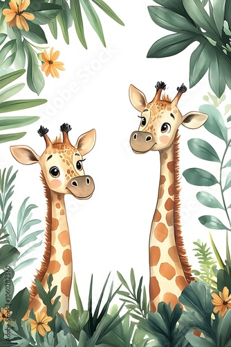 Playful giraffes in a lush jungle setting a whimsical illustration for nature and wildlife lovers photo