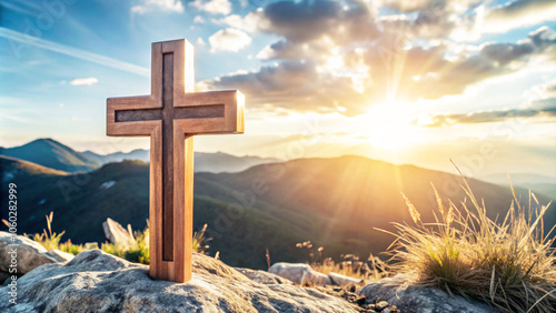 Nature's embrace around a simple wooden cross, symbolizing peace and hope