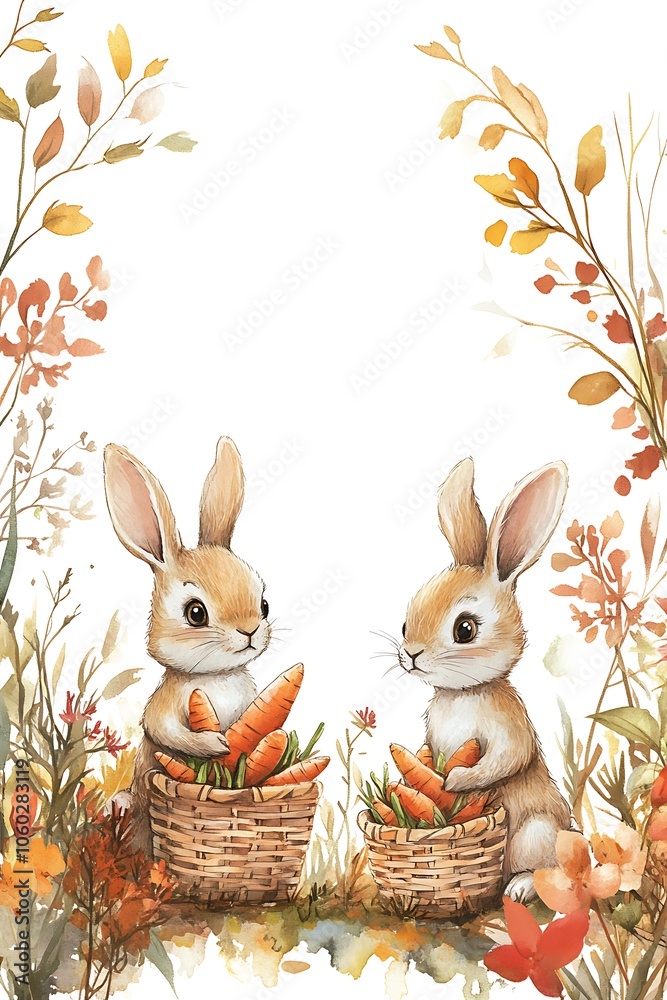 Charming scene of two adorable rabbits gathered around baskets overflowing with fresh carrots amidst autumnal foliage and nature's beauty Charming scene of two adorable rabbits gathered around baskets overflowing with fresh carrots amidst autumnal foliage and nature's beauty