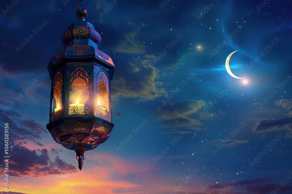 Obraz premium Beautiful greeting card with bright holiday composition for happy and joy celebrate Ramadan