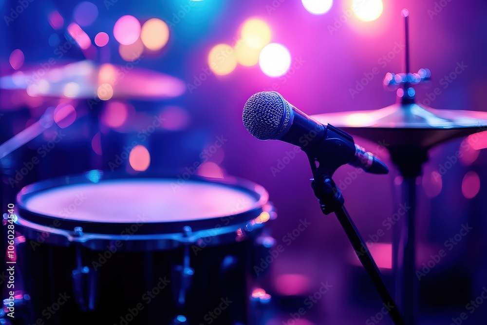 Obraz premium Vibrant Stage Microphone and Drums Before Performance