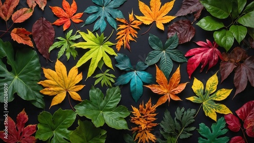 A vibrant, colorful collection of leaves resting against a dark background