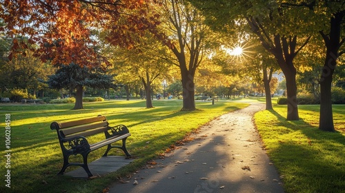 A sunny path through a park with a bench in the foreground.