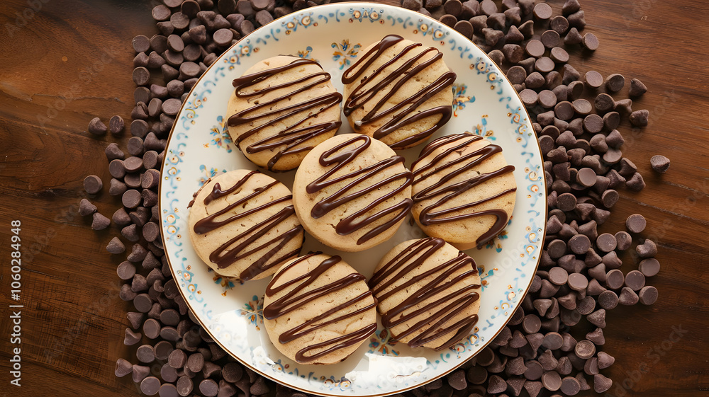 Chocolate Drizzle Cookies: Soft cookies drizzled with chocolate, artfully arranged on a decorative plate, surrounded by chocolate chips for an appealing look.
Chocolate Drizzle Cookies: Soft cookies drizzled with chocolate, artfully arranged on a decorative plate, surrounded by chocolate chips for an appealing look.