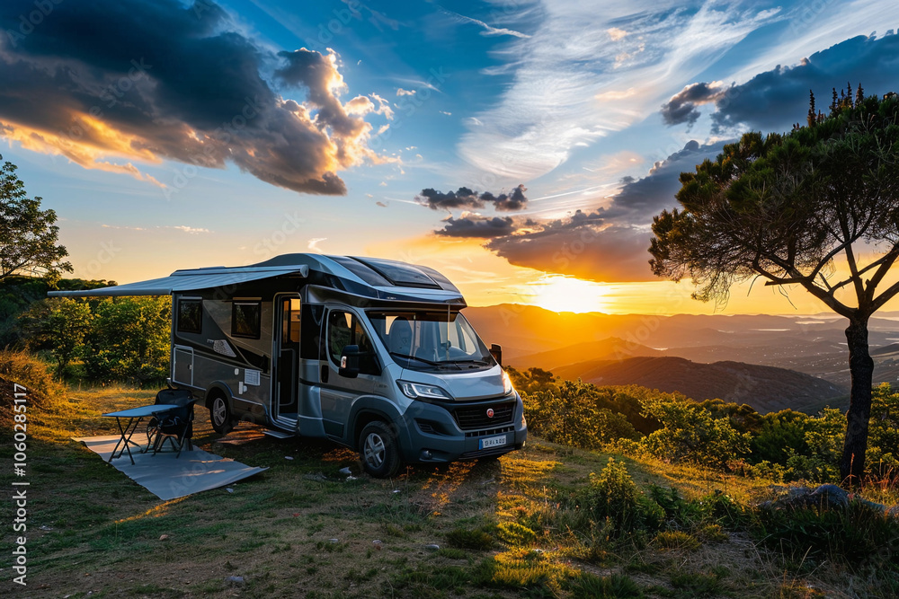 Obraz premium Holiday trip on large family motorhome for holiday in beautiful nature