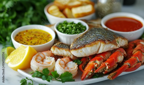 Seafood platter with lemon, crab, and shrimp.